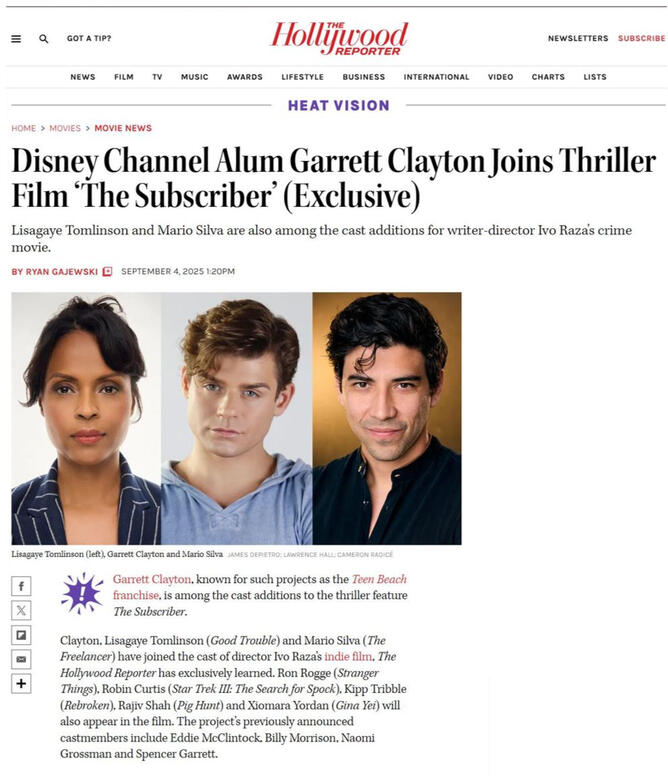 Hollywood Reporter Cast Announcement Disney Channel Alum Garrett Clayton Joins Thriller Film ‘The Subscriber’